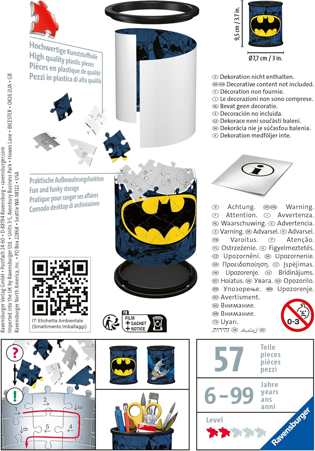 ravensburger Batman-themed 3D puzzle packaging with instructions and product details.