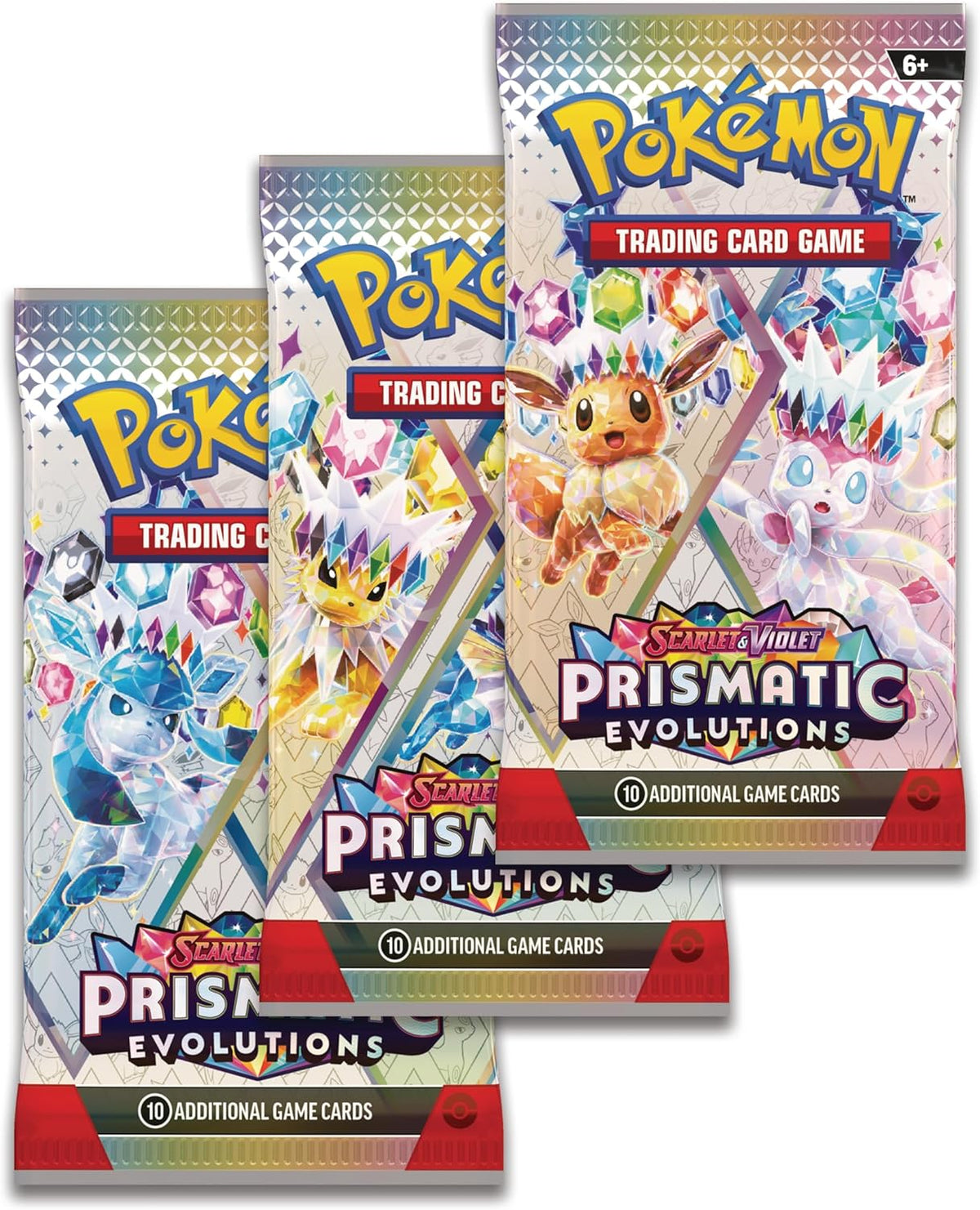 Three packs of Prisma Evolutions trading cards with Pokémon artwork on a white background.