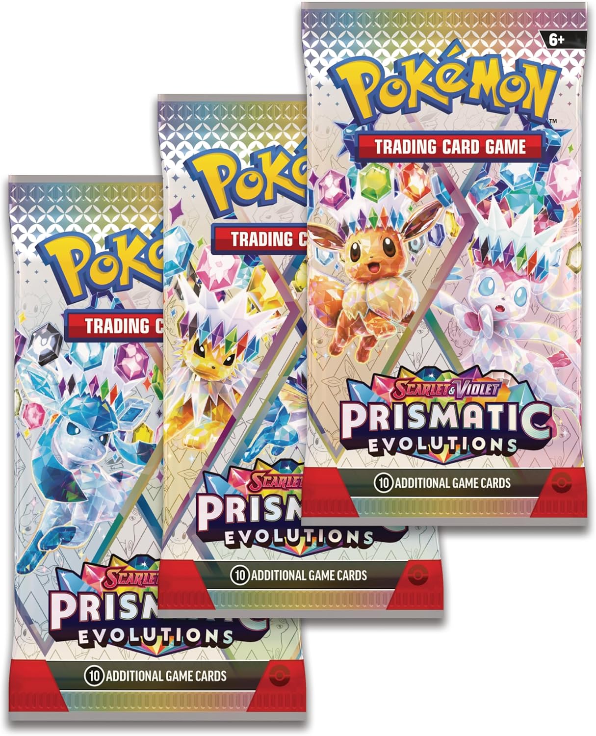 Three packs of Prisma Evolutions trading cards with Pokémon artwork on a white background.