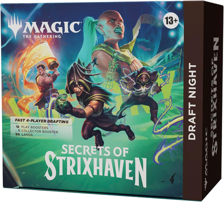 Box of 'Secrets of Strixhaven' from Magic: The Gathering with characters and branding.