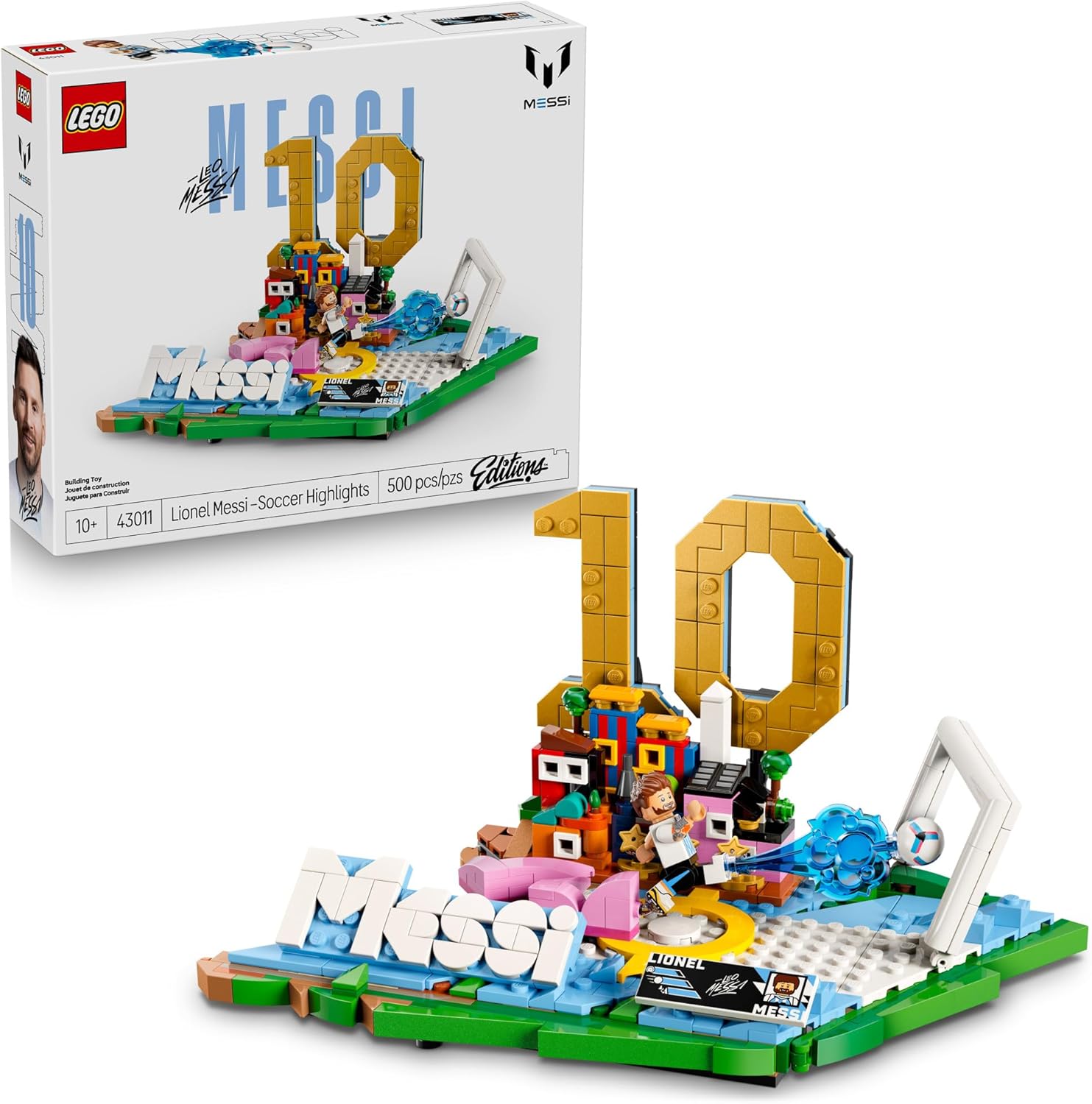 LEGO Lionel Messi soccer set 43011 with number 10 design and minifigure.