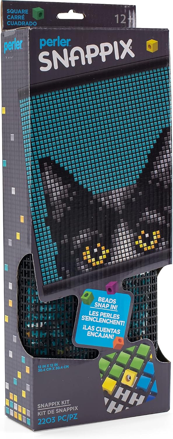 Perler Snappix cat kit packaging with pixelated design on a gray background