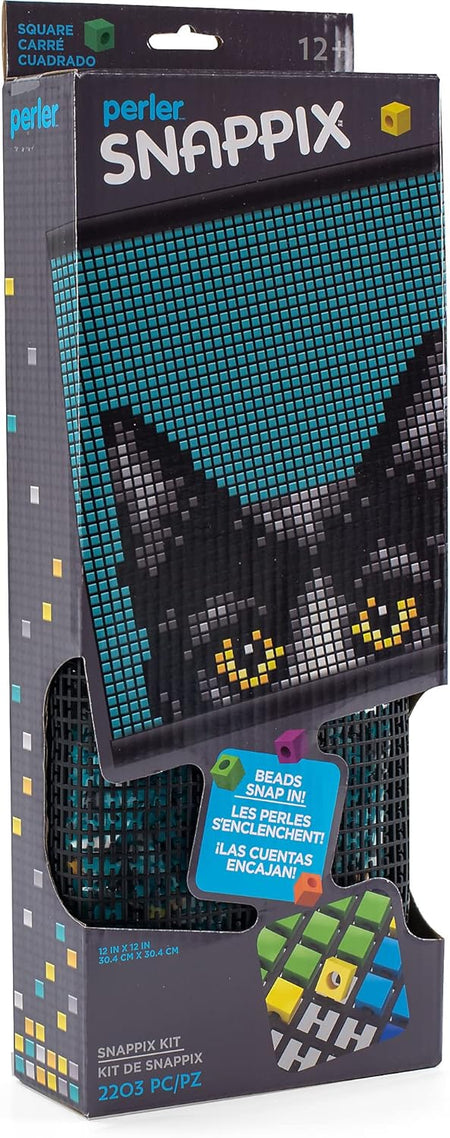 Perler Snappix cat kit packaging with pixelated design on a gray background