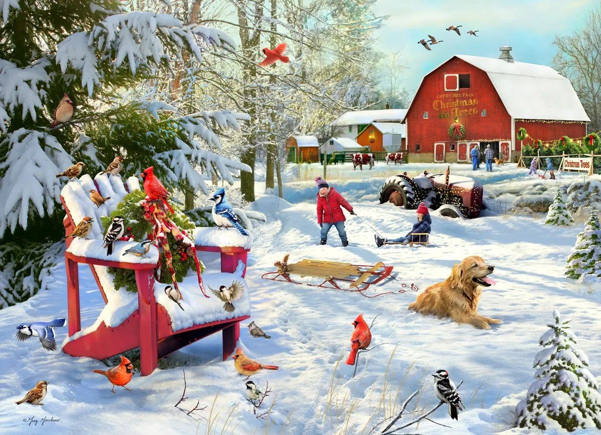 Vermont Christmas Company 1000-piece Jigsaw puzzle titled 'The Farm at Christmas' with a snowy farm scene illustration.