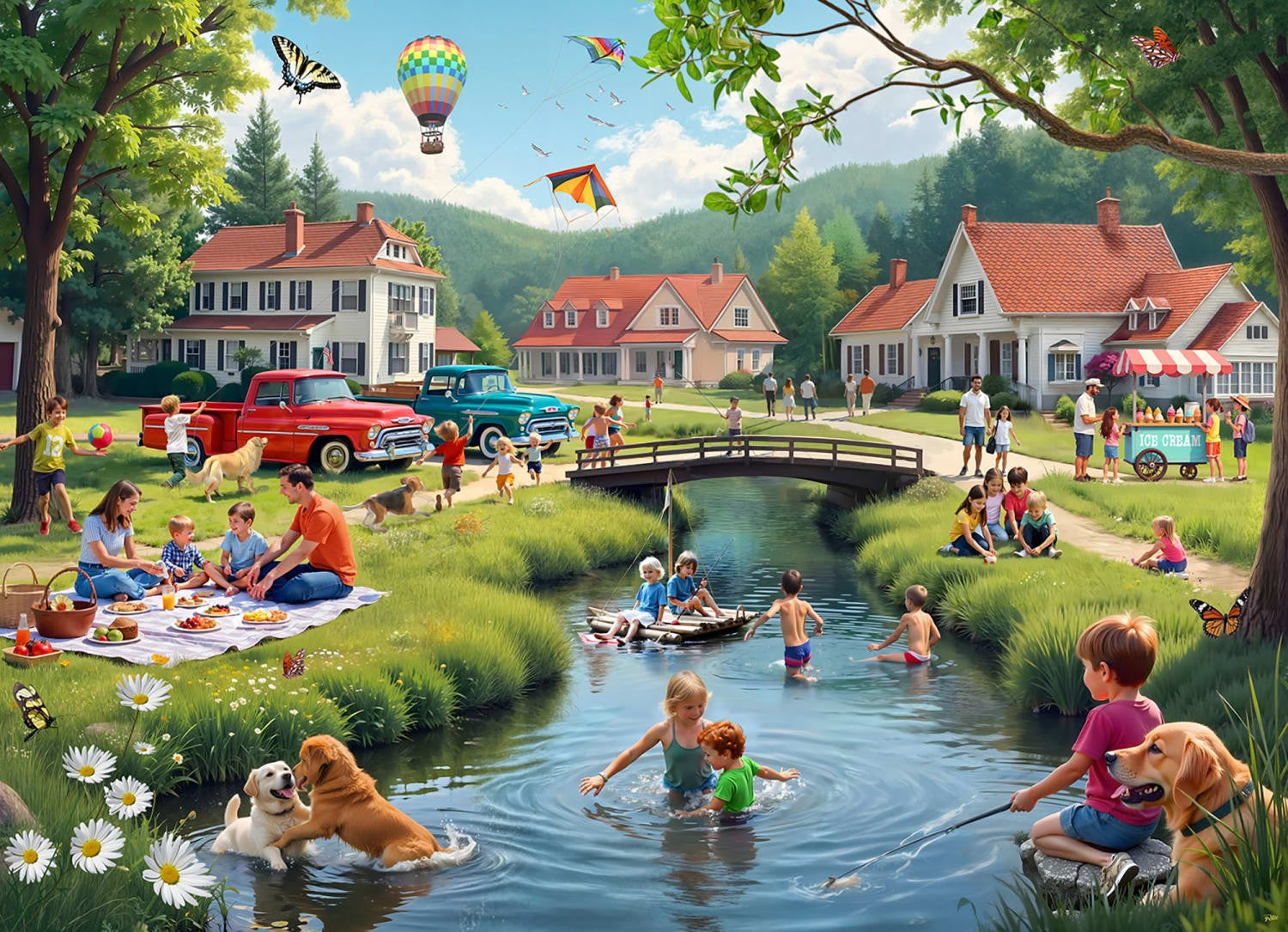 Vermont Christmas Company 1000-piece puzzle depicting an outdoor scene with children playing at a pond, dogs, and summertime memories.