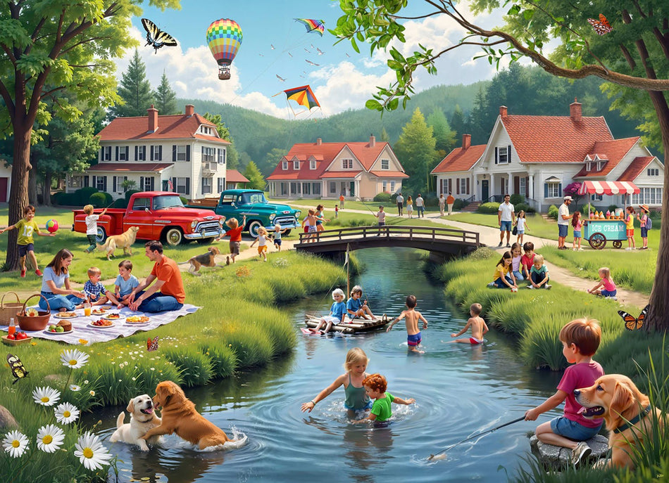 Vermont Christmas Company 1000-piece puzzle depicting an outdoor scene with children playing at a pond, dogs, and summertime memories.