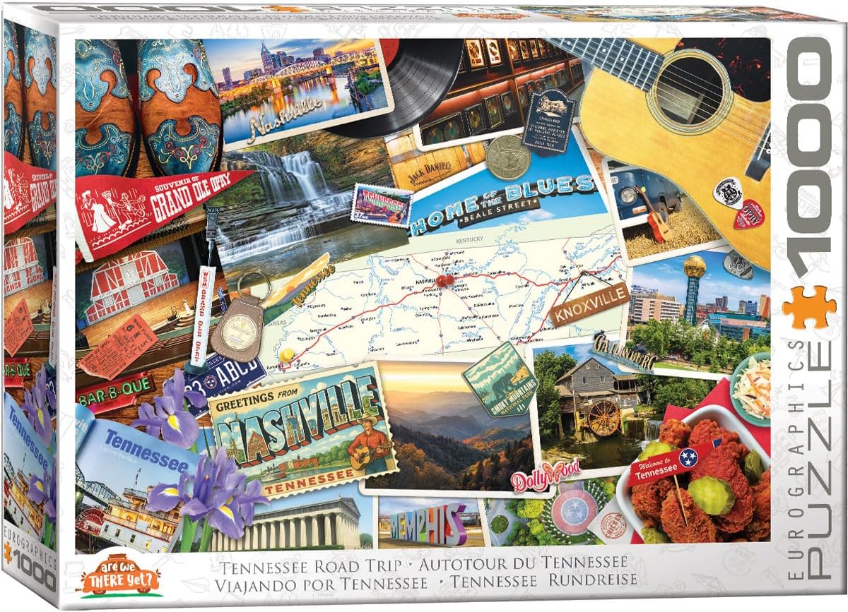 Eurographics 1000-piece Jigsaw puzzle box featuring images of Tennessee with a guitar and travel-themed graphics.