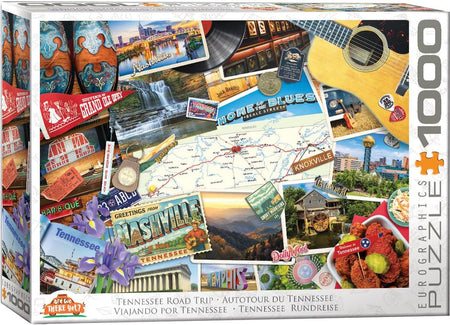 Eurographics 1000-piece Jigsaw puzzle box featuring images of Tennessee with a guitar and travel-themed graphics.