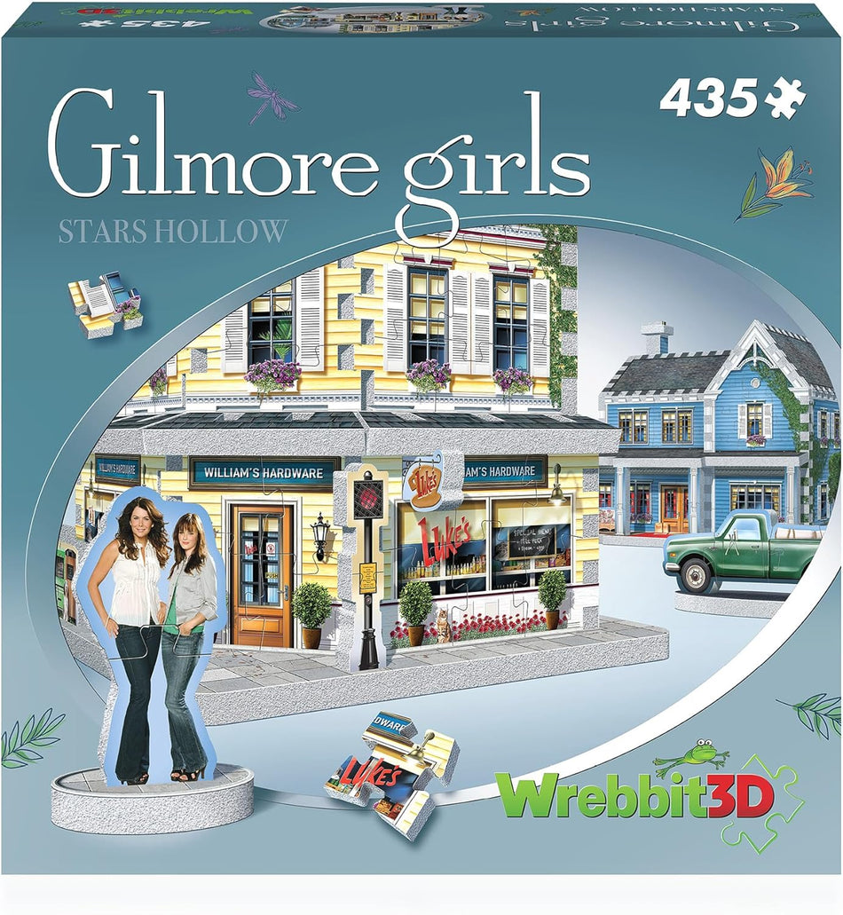 Wrebbit 3D puzzle packaging for 'Gilmore Girls: Stars Hollow' featuring a store front and two women.