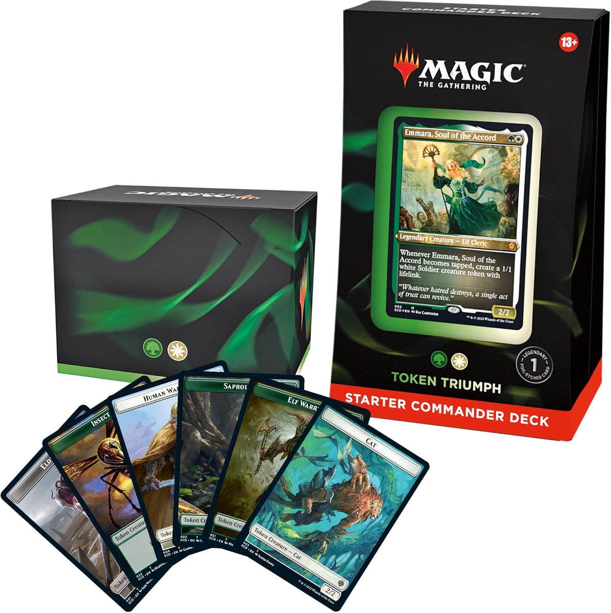 Magic: The Gathering starter commander deck packaging with cards displayed in front token triumph