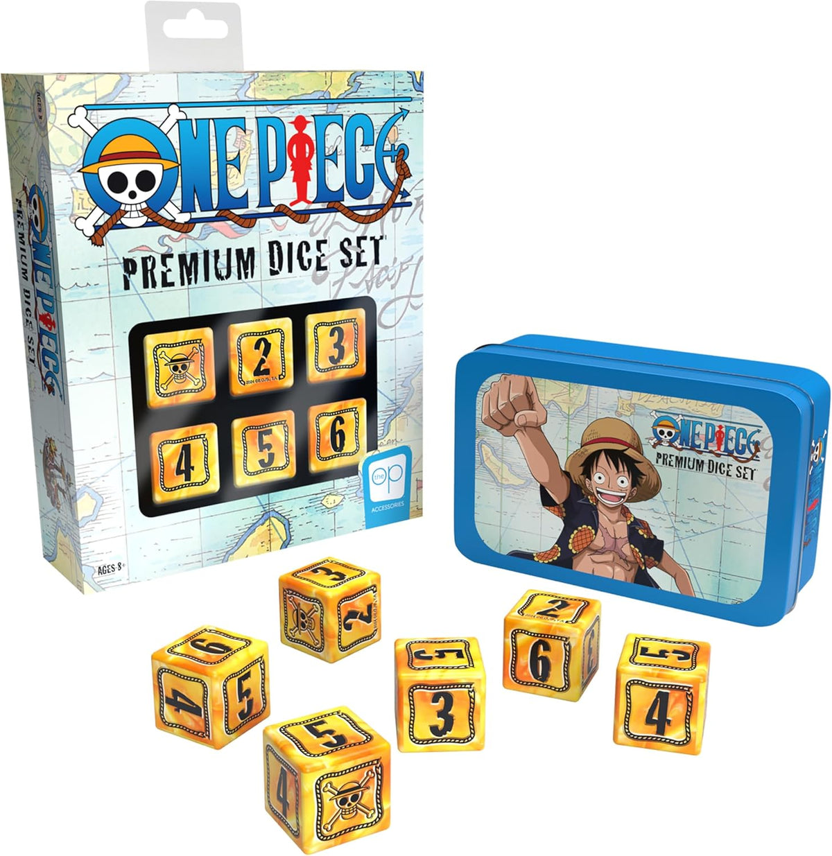 Op games One Piece premium dice set packaging with dice and tin on a white background