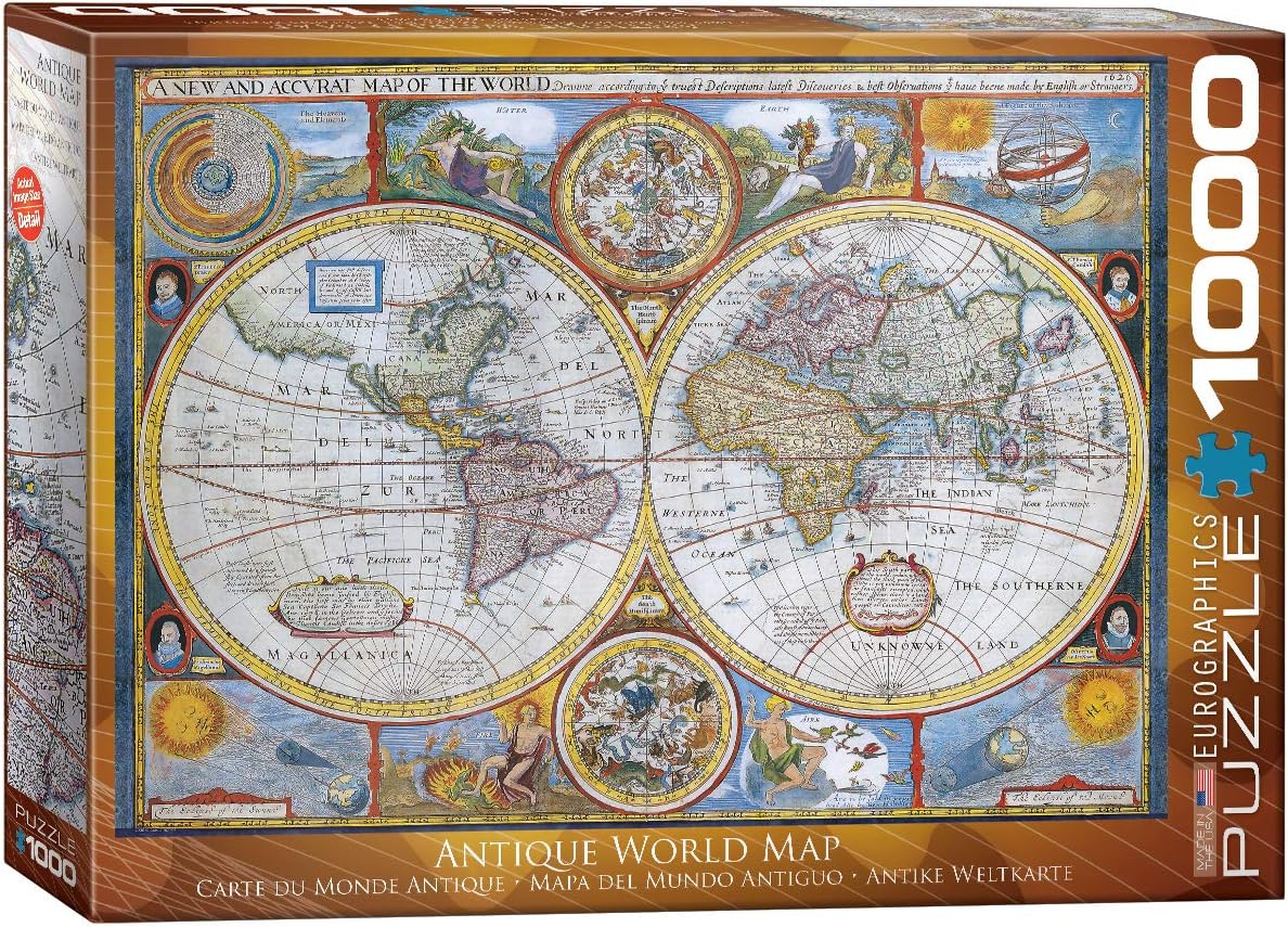 Eurographics 1000-piece jigsaw Puzzle box featuring an antique world map design 