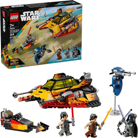 LEGO Star Wars set 75414 with spaceship, figures, and packaging on a white background