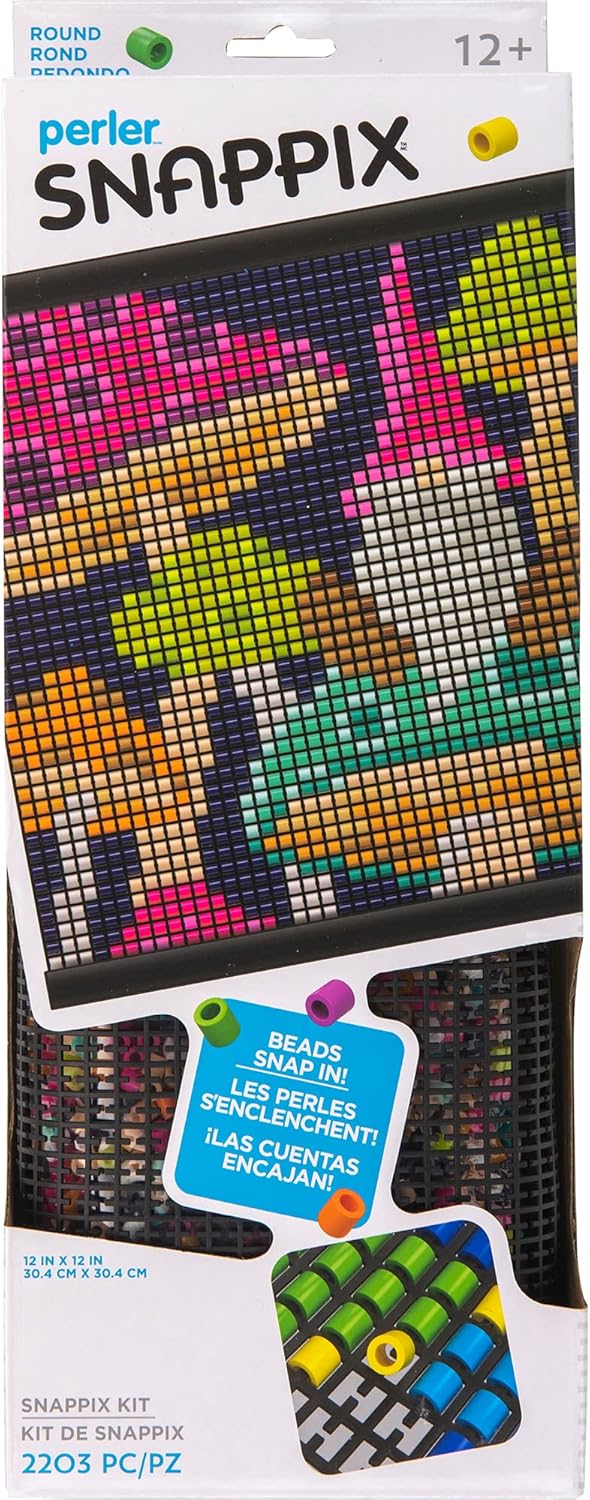 Perler Snappix gnomes and mushrooms bead kit packaging with colorful beads and branding.