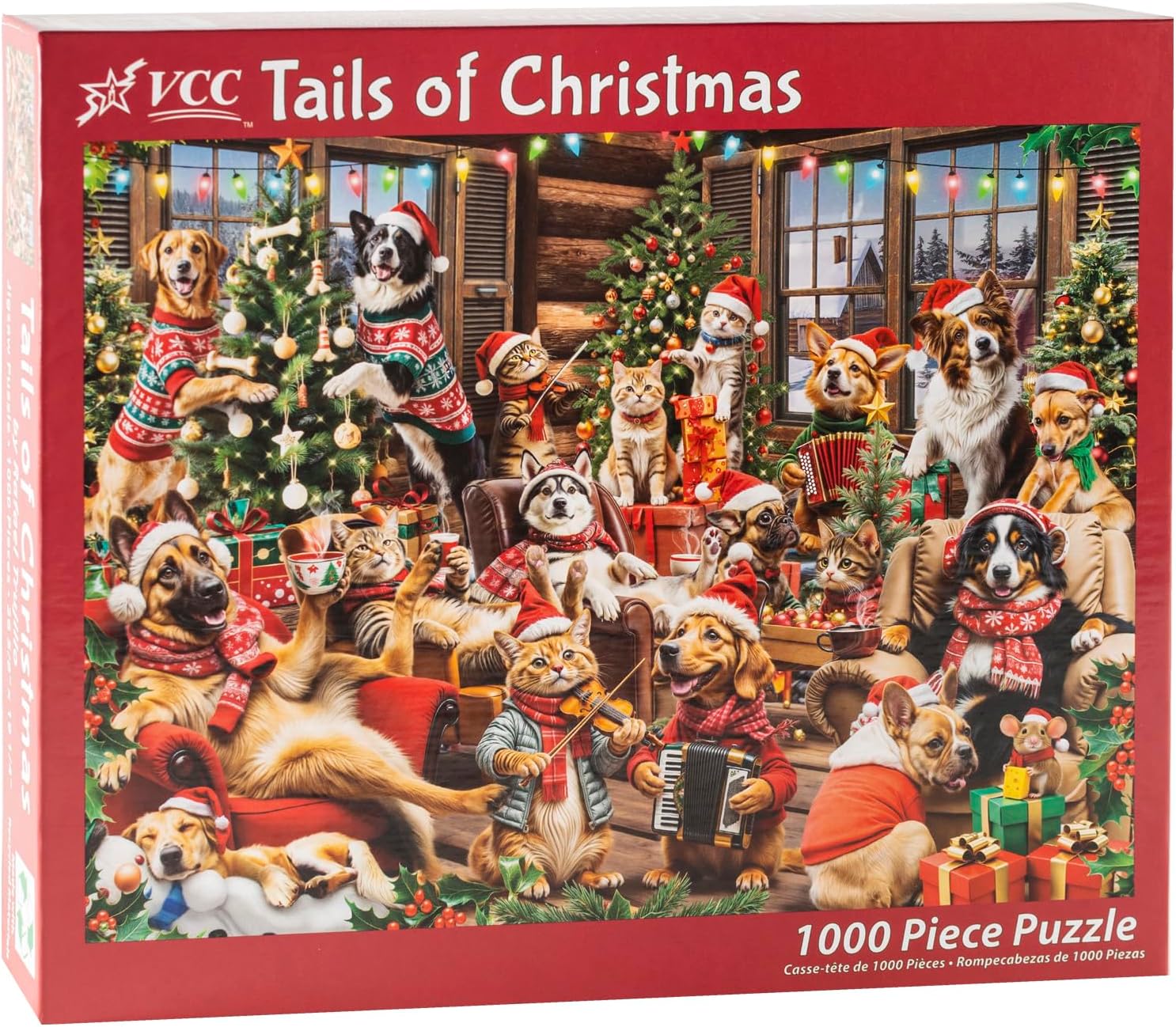 VCC Tails of Christmas 1000-piece jigsaw puzzle box with dogs and cats in festive attire around a Christmas tree.
