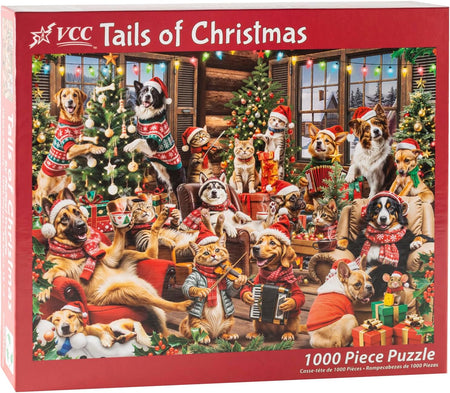 VCC Tails of Christmas 1000-piece jigsaw puzzle box with dogs and cats in festive attire around a Christmas tree.