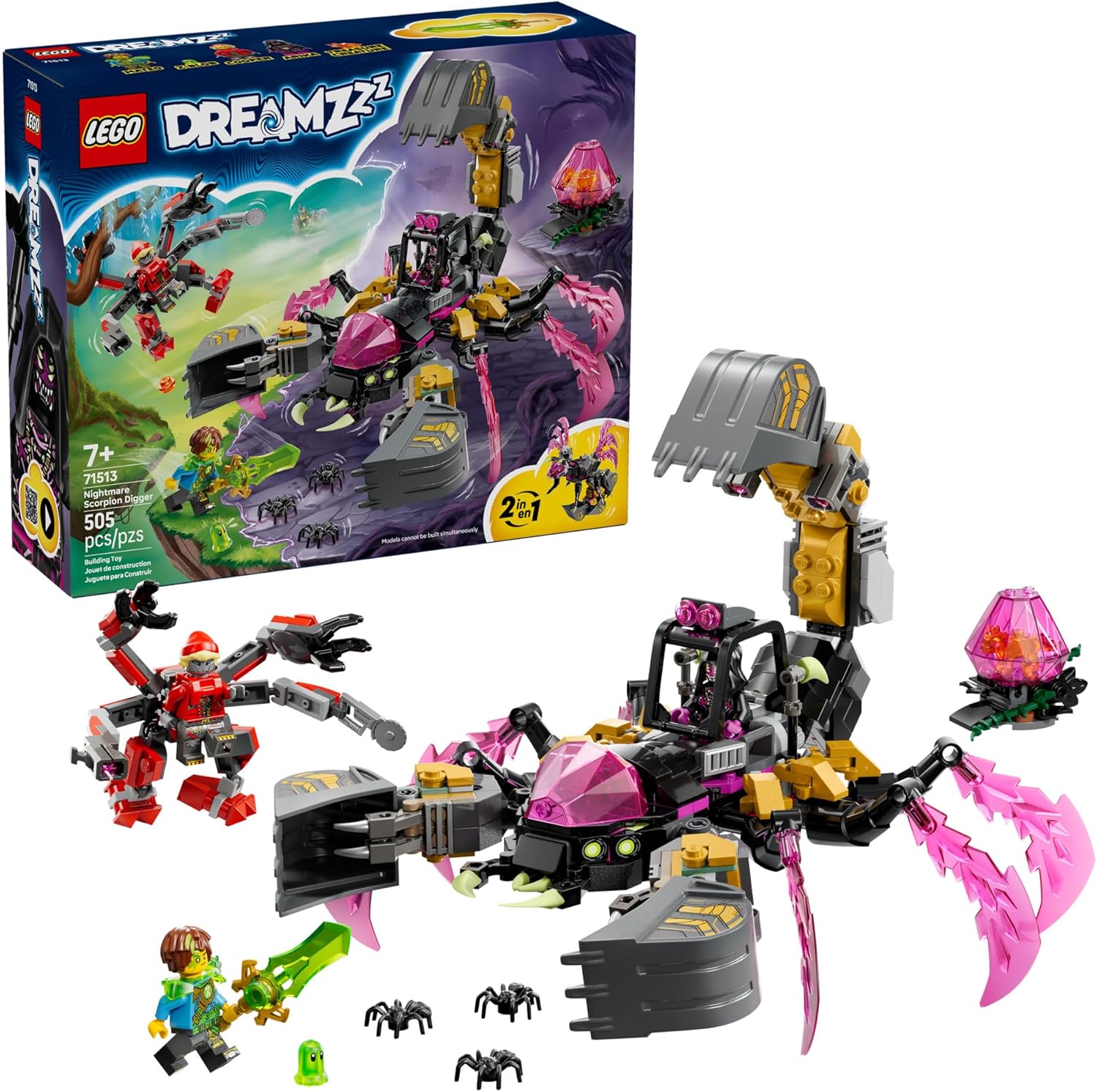 LEGO Dreamzzz set 71513 with scorpion-like creature and packaging on a white background
