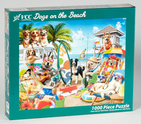 VCC Dogs on the Beach 1000-piece jigsaw puzzle box with colorful illustration of dogs on the beach.