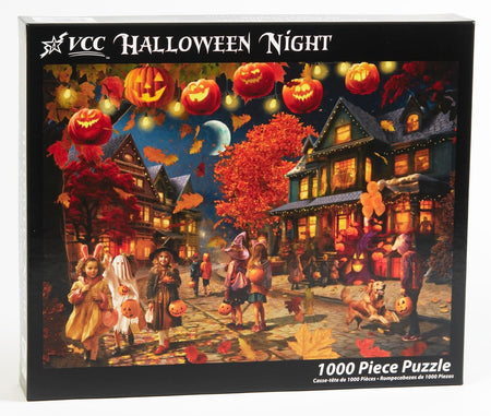 vermont christmas company Halloween-themed 1000-piece jigsaw puzzle box with pumpkins and children on a street