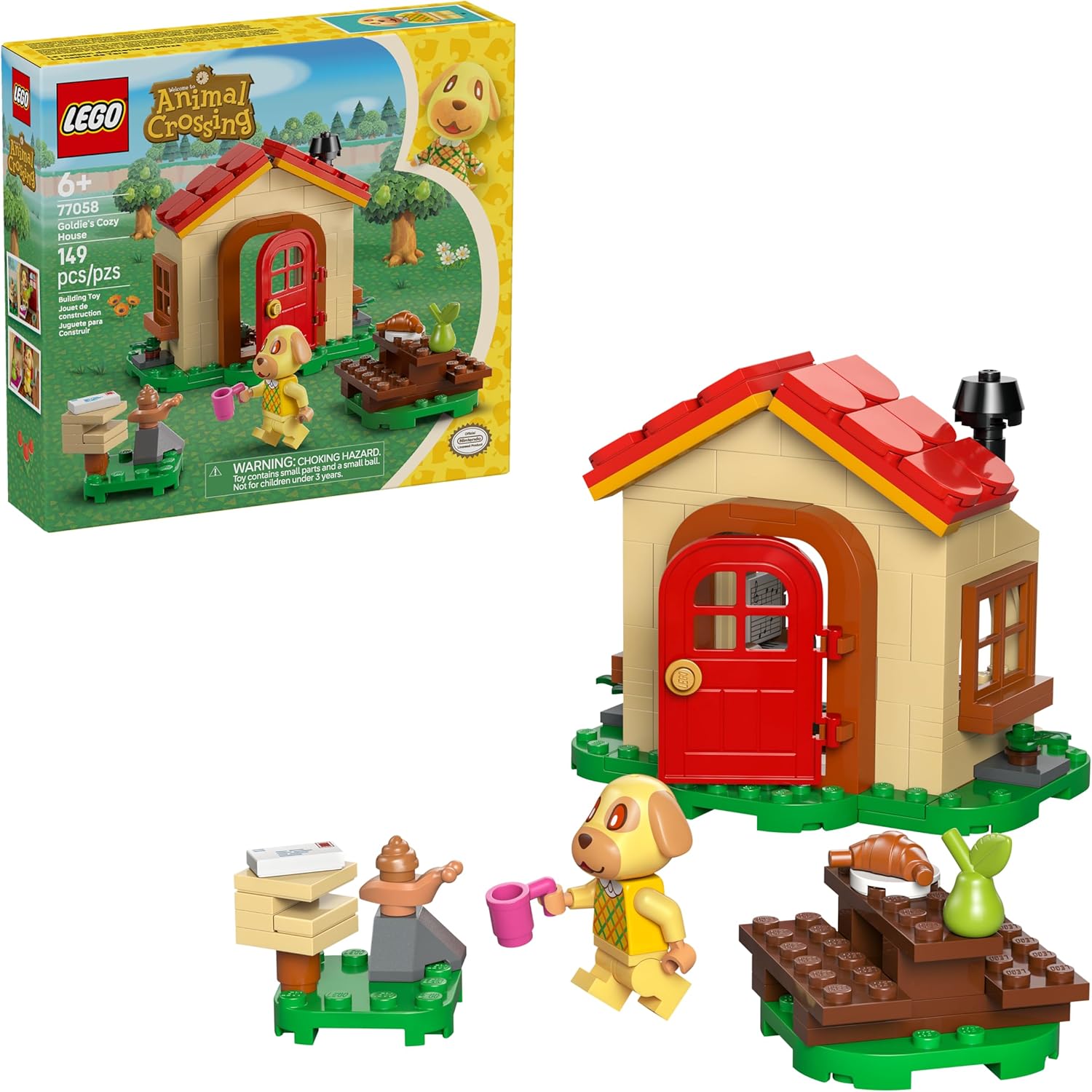 LEGO Animal Crossing set 77058 with house and characters on a white background
