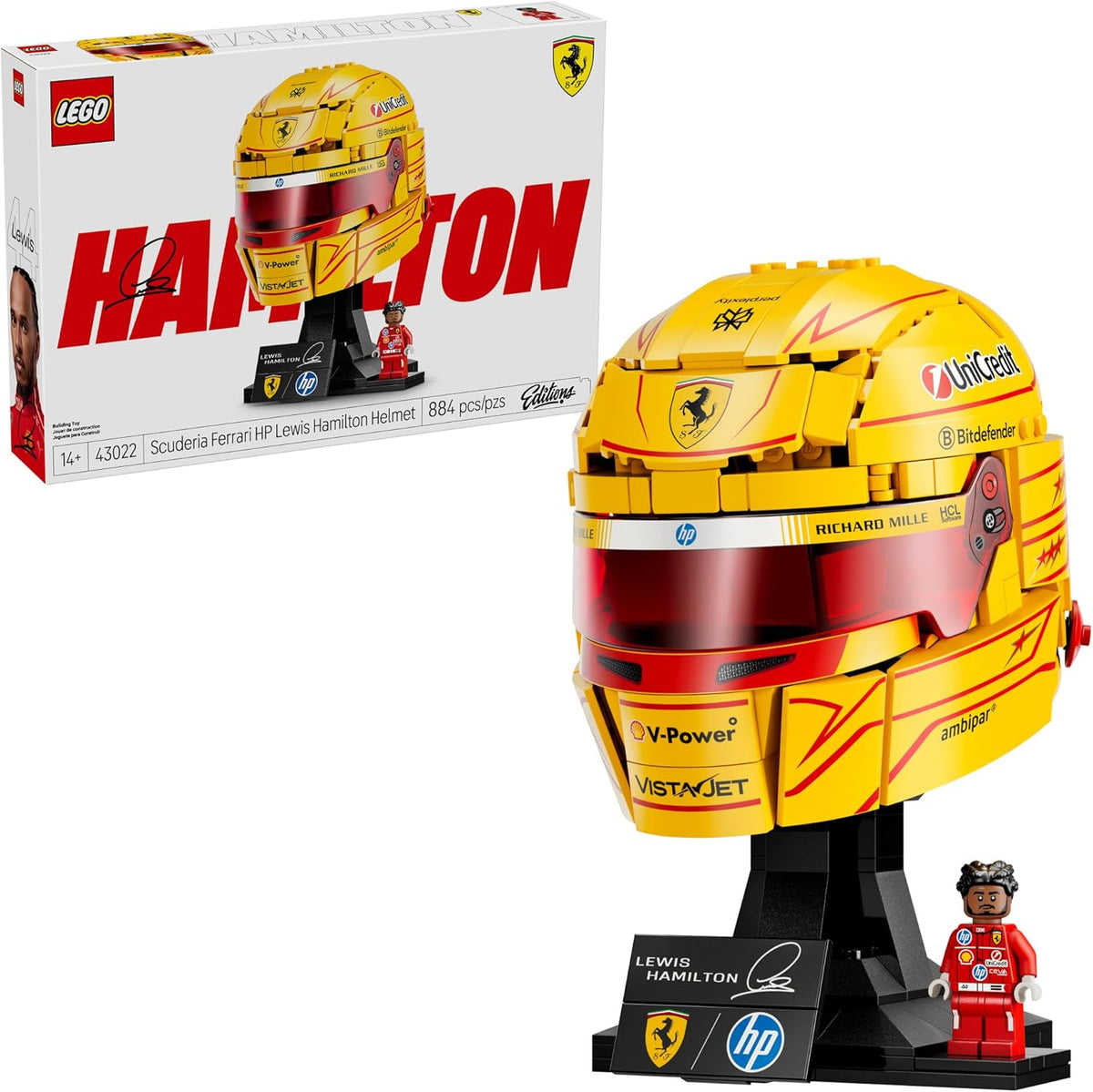 LEGO Scuderia Ferrari Lewis Hamilton helmet set with packaging on a white background 43022