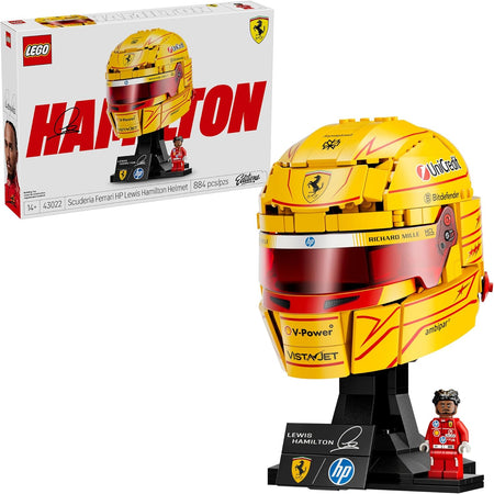 LEGO Scuderia Ferrari Lewis Hamilton helmet set with packaging on a white background 43022