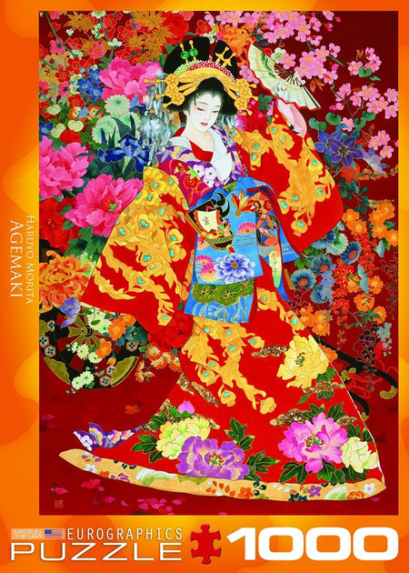 1000-piece vertical Jigsaw puzzle box featuring a colorful illustration of a traditional Japanese kimono with flowers and Eurographics branding