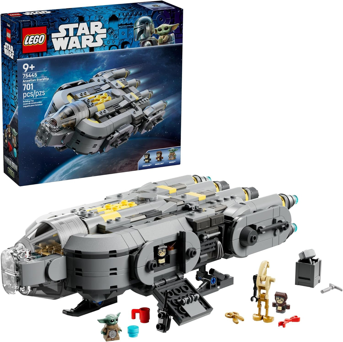LEGO Star Wars 75445 set with spaceship model and minifigures.