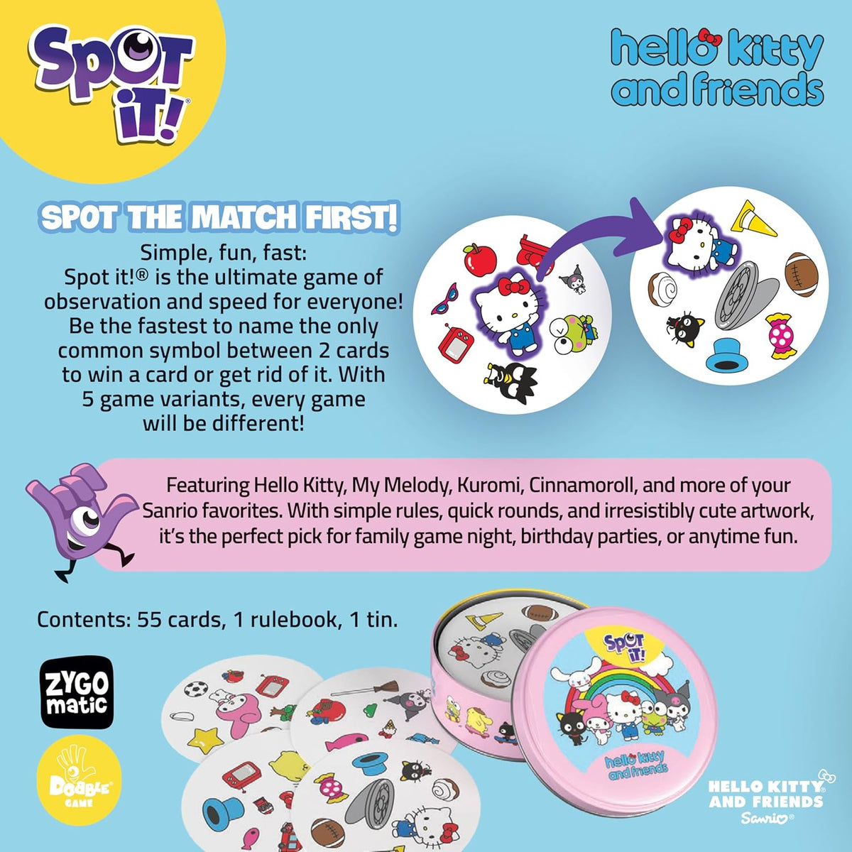 Advertisement for 'Spot It!' game featuring Hello Kitty and friends on a blue background.