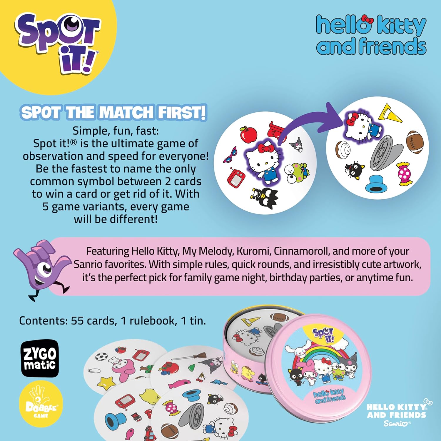 Advertisement for 'Spot It!' game featuring Hello Kitty and friends on a blue background.