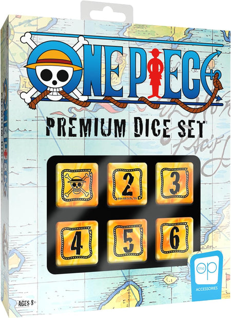 Op games One Piece premium dice set packaging with dice and logo on a map-themed background
