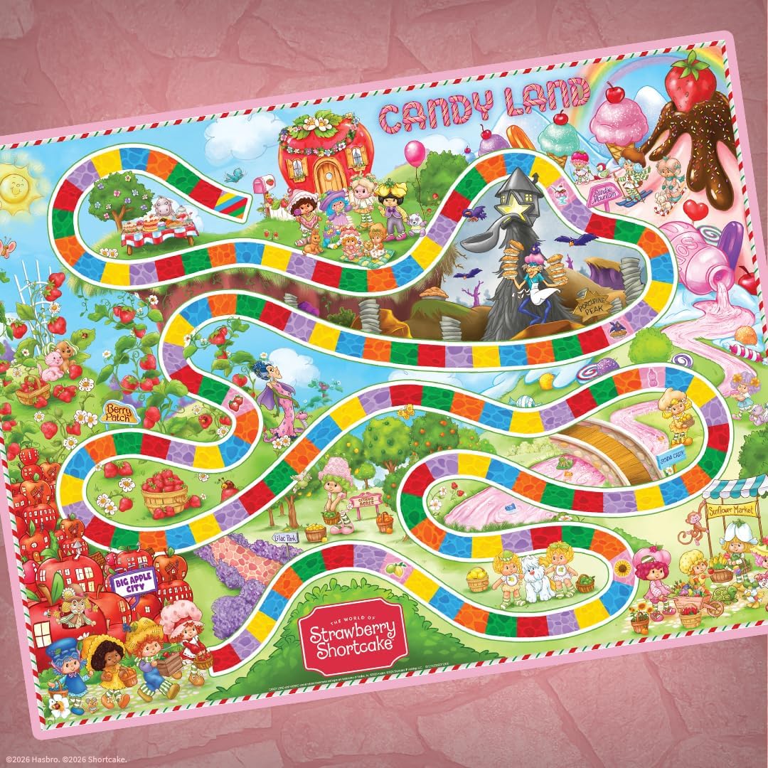 Colorful Candy Land board game mat with characters and elements from the Strawberry Shortcake franchise.