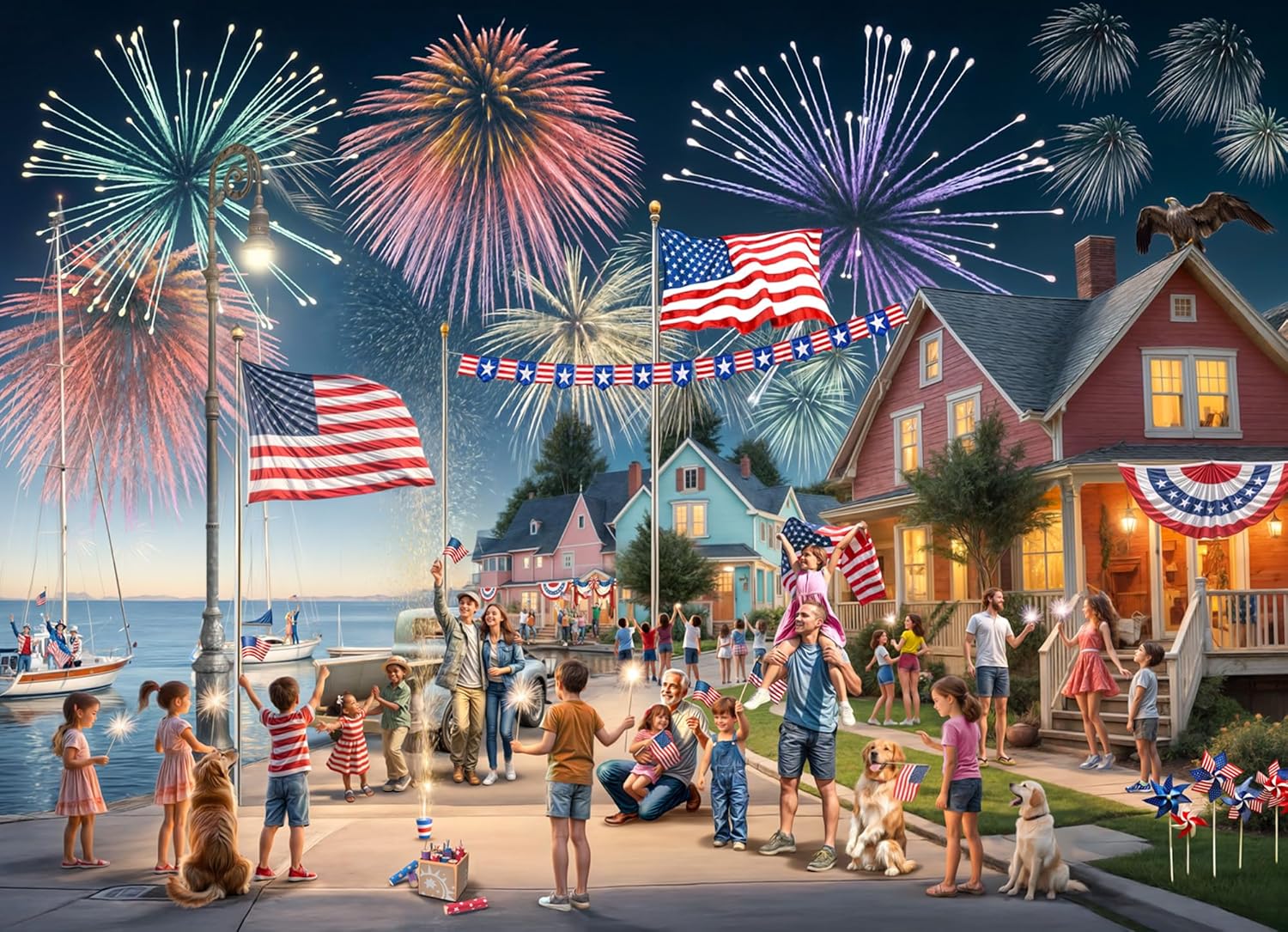 vermont christmas company puzzle image of Fireworks display over a waterfront community with people celebrating, featuring American flags and a red house.