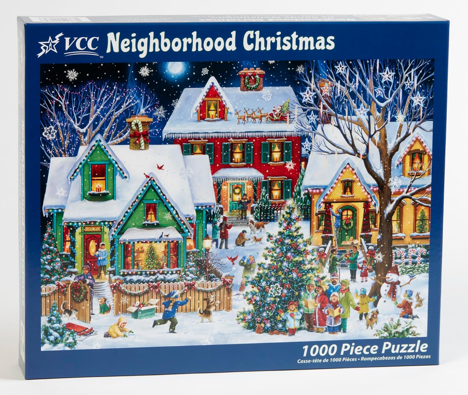 VCC Neighborhood Christmas 1000-piece jigsaw puzzle box with a festive village scene on a blue background