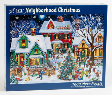 VCC Neighborhood Christmas 1000-piece jigsaw puzzle box with a festive village scene on a blue background