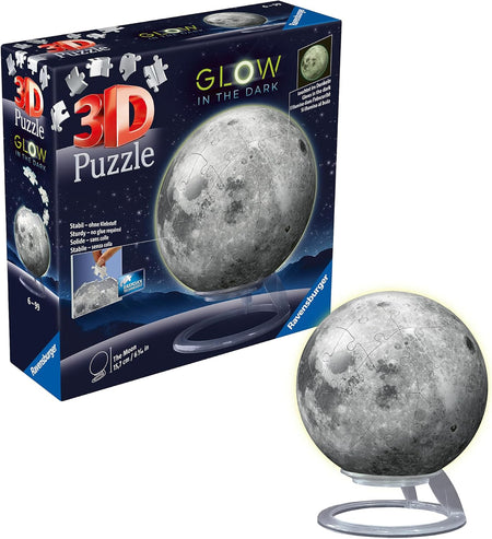 ravensburger 3D moon puzzle packaging with a glowing moon model on a white background