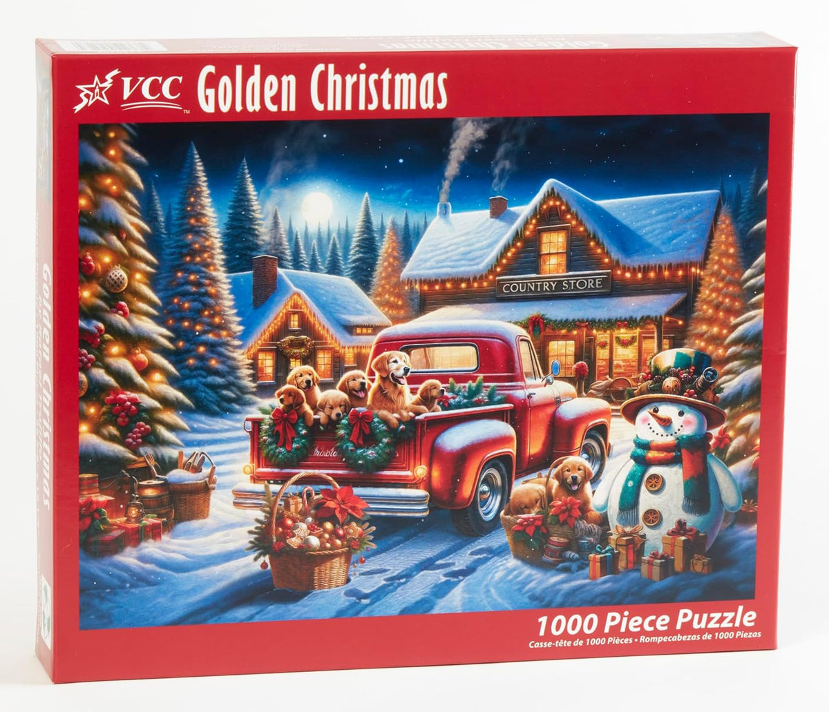 VCC Golden Christmas 1000-piece jigsaw puzzle box with a festive scene featuring a red truck, snowman, and dogs.