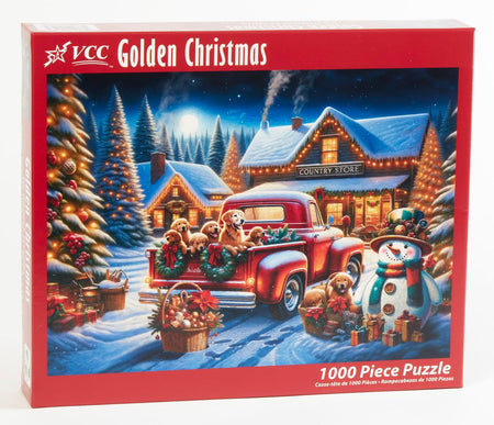 VCC Golden Christmas 1000-piece jigsaw puzzle box with a festive scene featuring a red truck, snowman, and dogs.