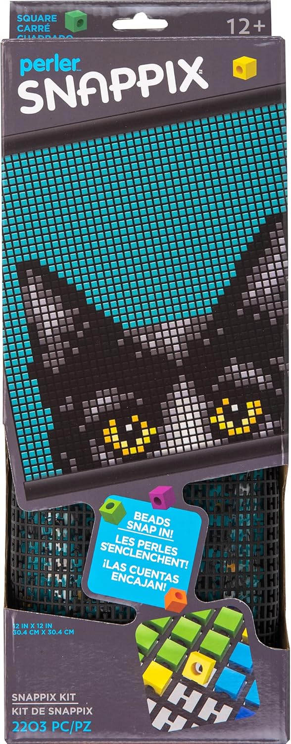 Perler Snappix kit packaging with a black cat design on a blue background