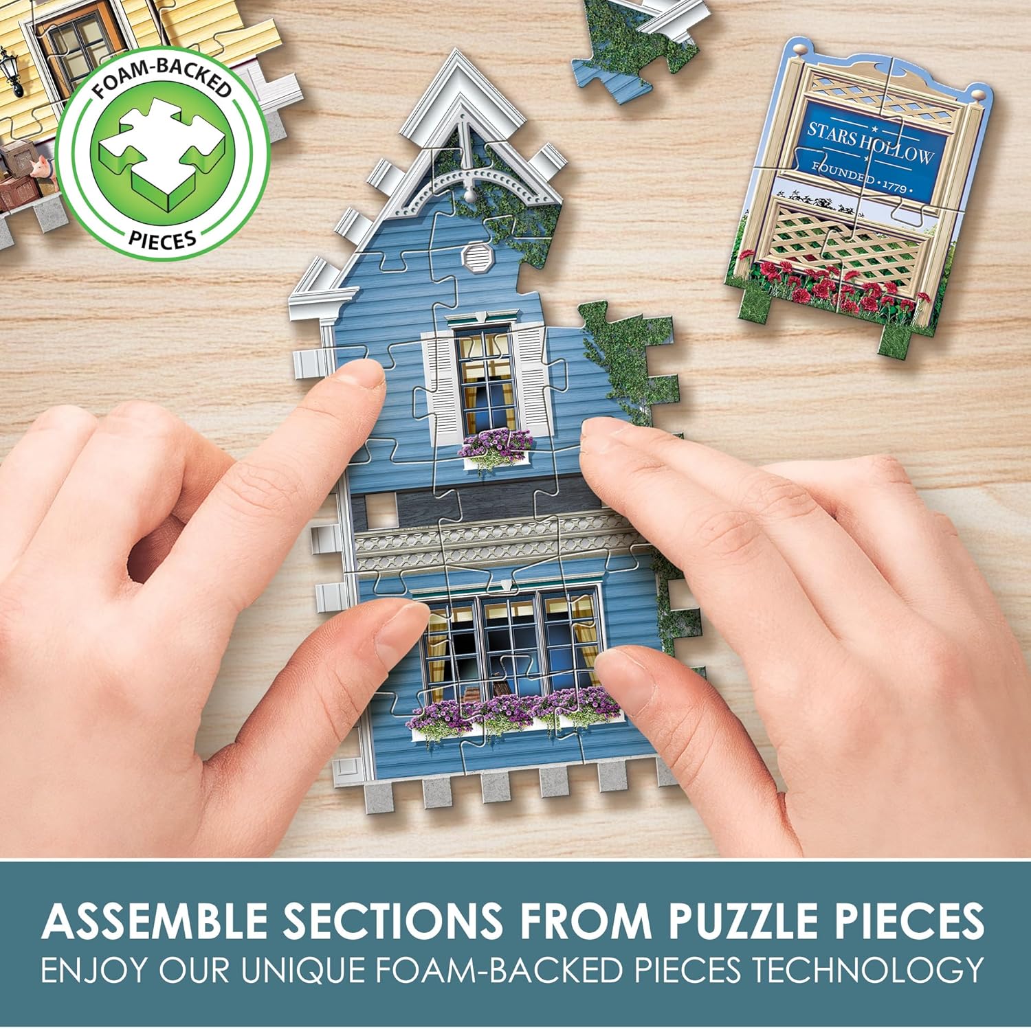 Hands assembling a puzzle of a building with foam-backed pieces technology displayed.