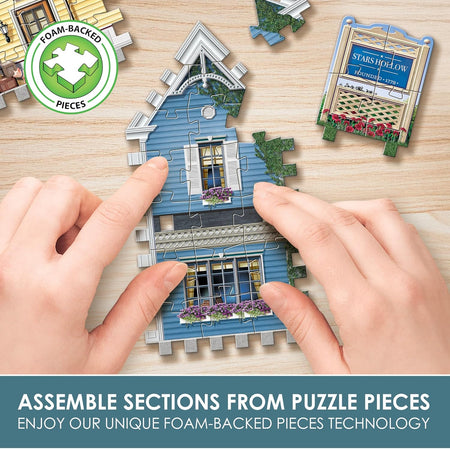 Hands assembling a puzzle of a building with foam-backed pieces technology displayed.