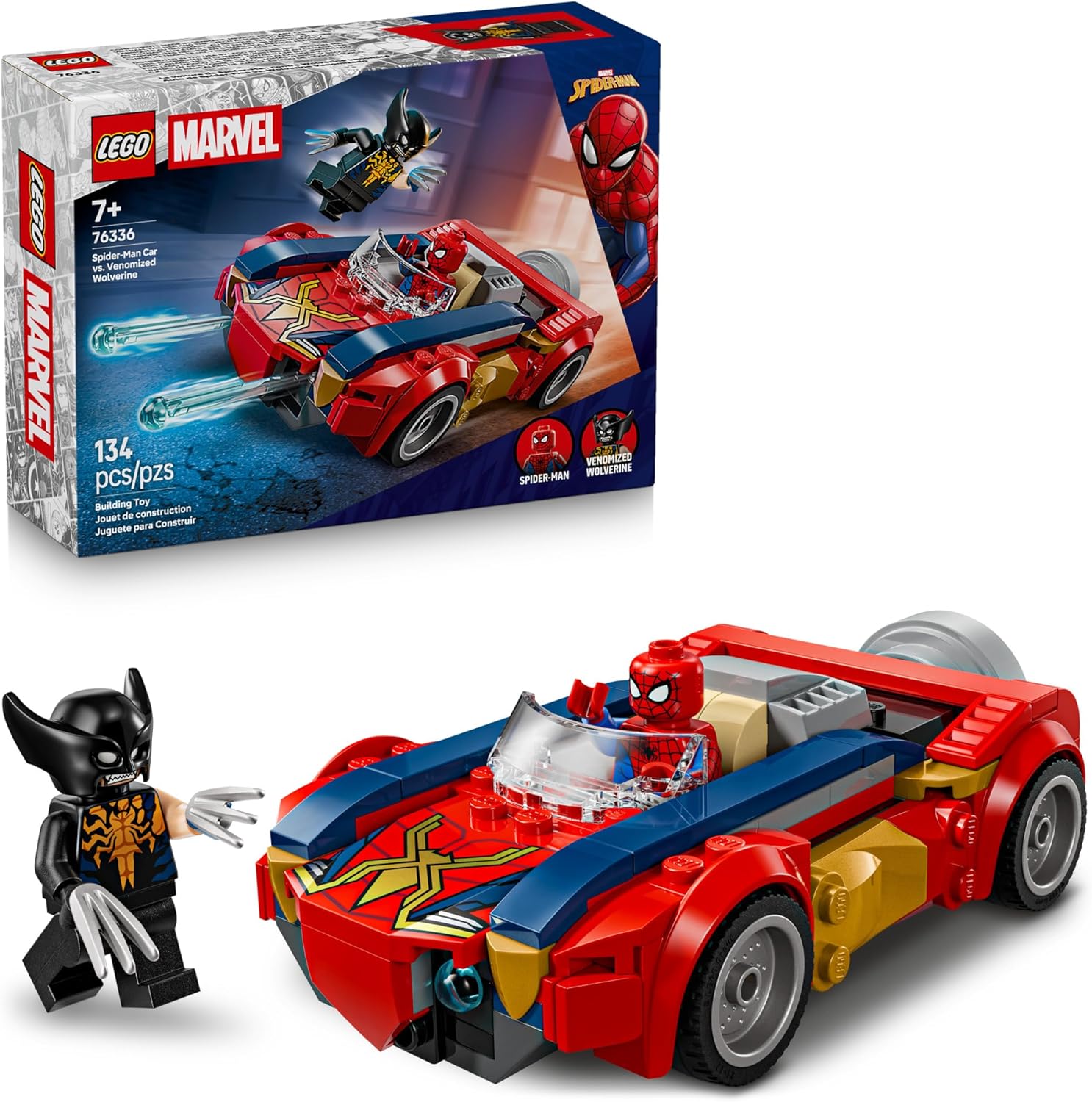 LEGO Marvel Spider-Man vehicle set 76336 with packaging, Spider-Man, and wolverine figure on a white background