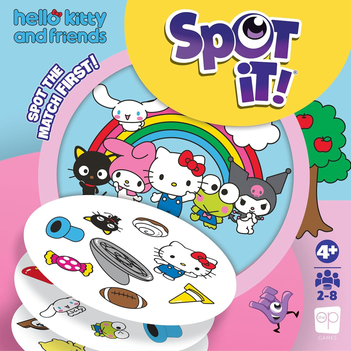 Board game box for 'Spot It!' featuring Hello Kitty and friends with colorful graphics.