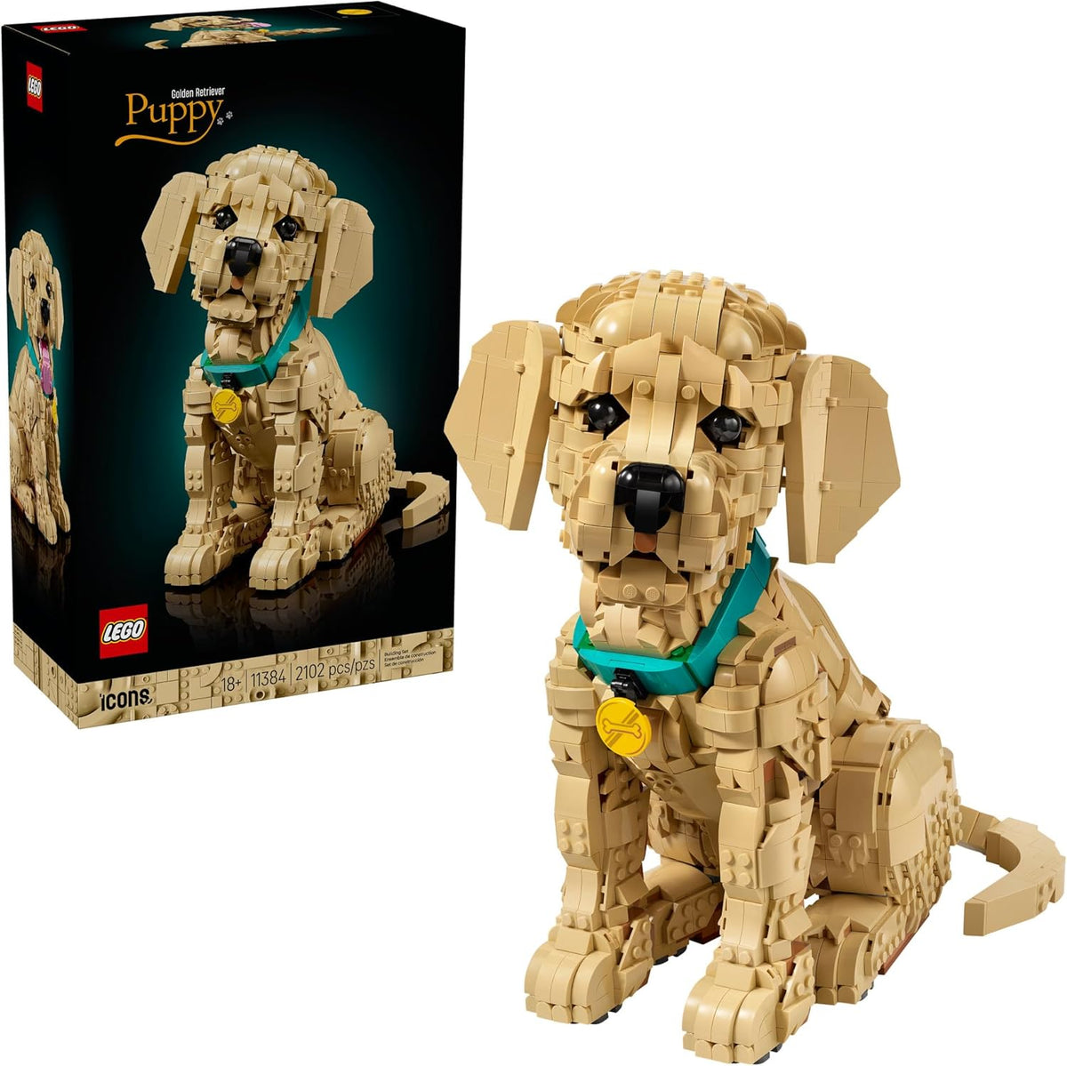 LEGO icons set 11384 of posable dog model with packaging on a white background