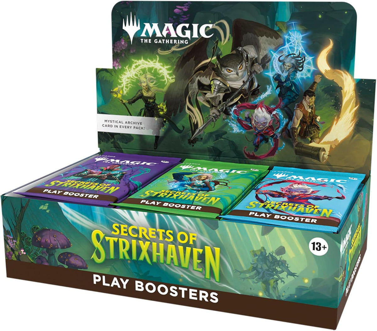 Box of 'Secrets of Strixhaven' play boosters for 'Magic: The Gathering' on a white background