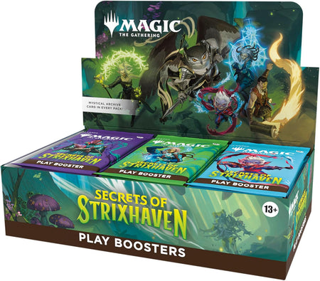 Box of 'Secrets of Strixhaven' play boosters for 'Magic: The Gathering' on a white background