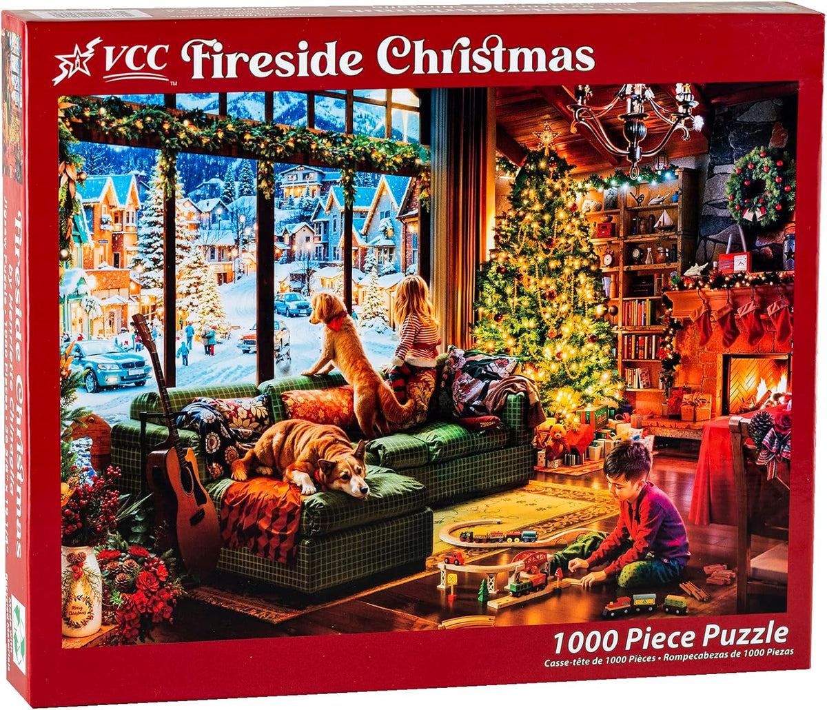 VCC Fireside Christmas 1000-piece jigsaw puzzle box with a festive fireside christmas living room scene