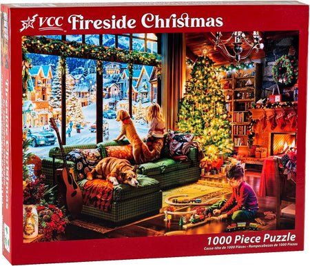 VCC Fireside Christmas 1000-piece jigsaw puzzle box with a festive fireside christmas living room scene