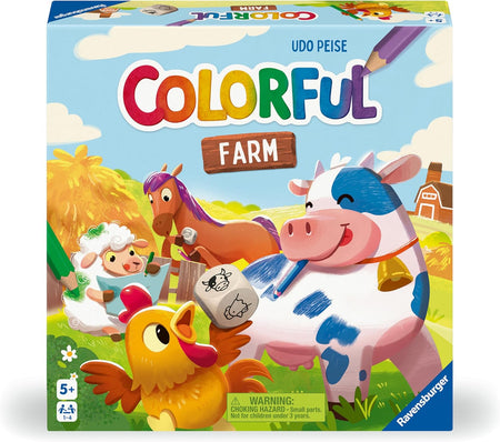 ravensburger Colorful Farm game packaging with farm animals on a blue sky background.