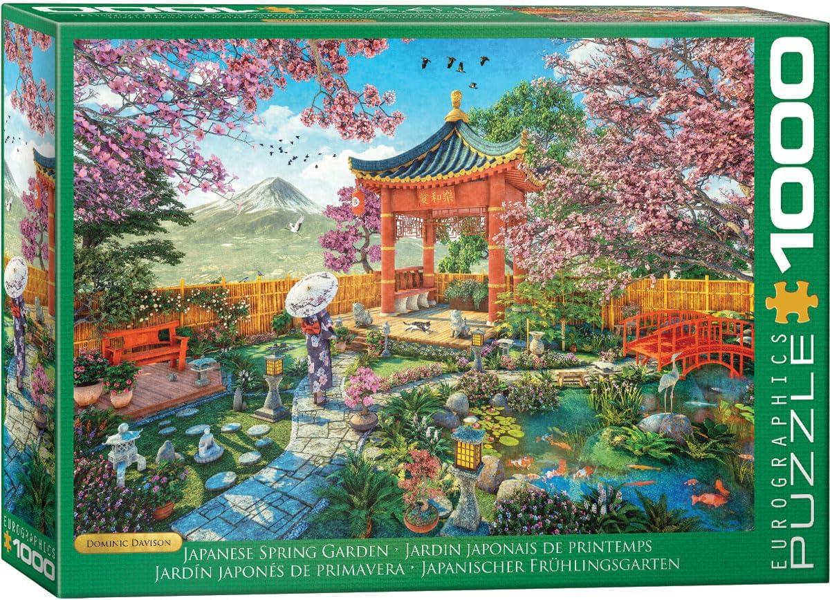 Eurographics 1000-piece Jigsaw puzzle box featuring a Japanese spring garden scene with cherry blossoms and a pagoda.